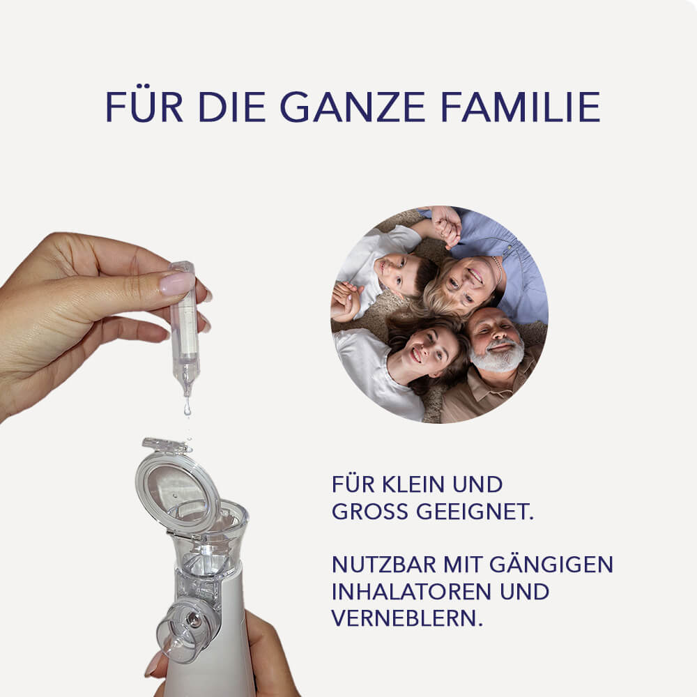 Hand tropft Kochsalzlösungs-Ampulle in geöffnetes Inhaliergerät; rundes Familienfoto, Headline „Für die ganze Familie".