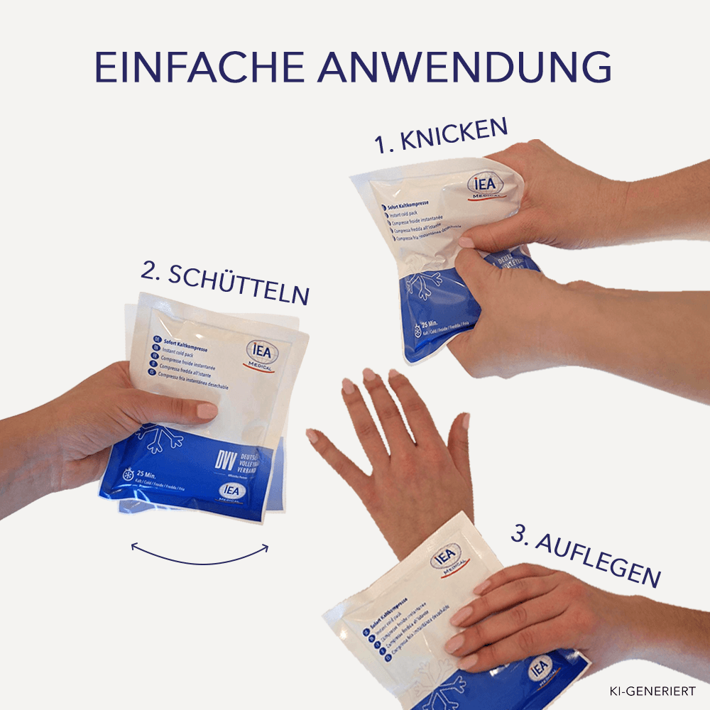 Anleitung in drei Schritten: weiße Sofort-Kaltkompresse knicken, schütteln und auf die Haut auflegen.
