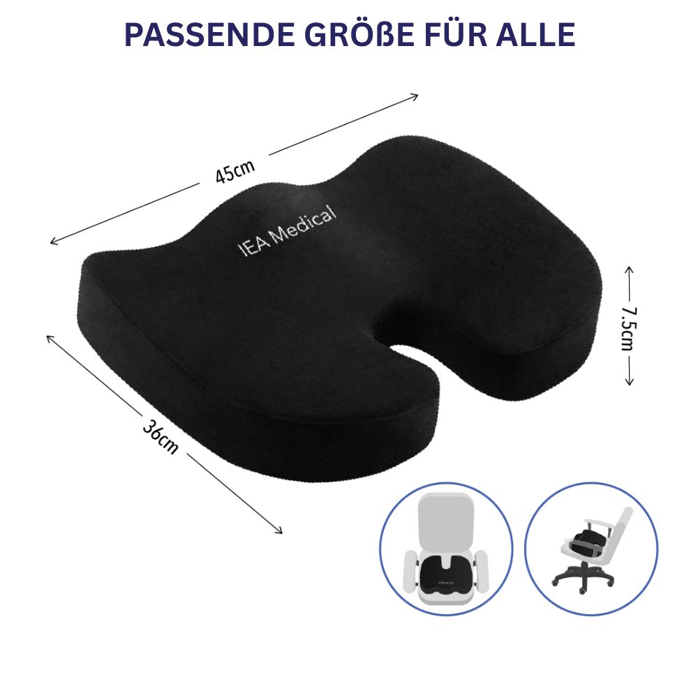 Schwarzes Sitzkissen mit Maßen 45 cm, 36 cm und 7,5 cm, Schriftzug IEA Medical, kleine Bilder auf Stühlen.