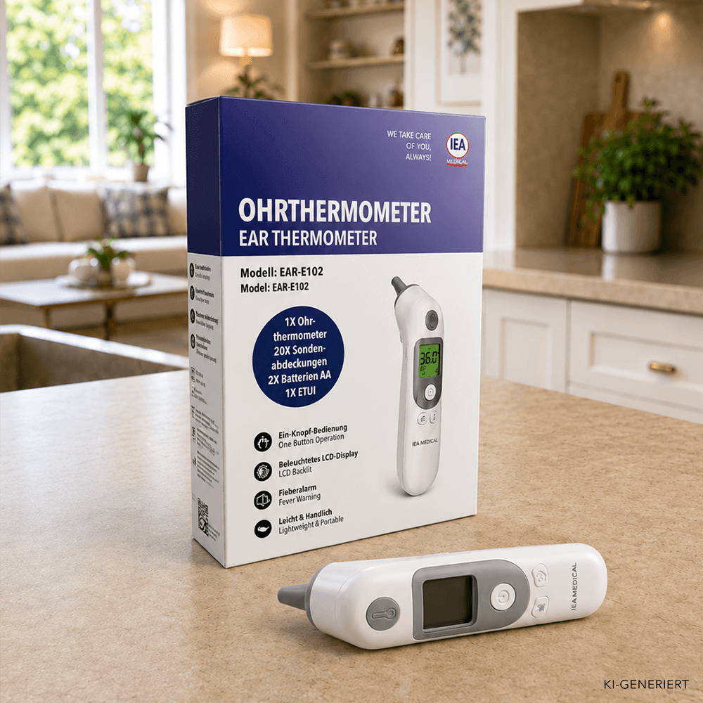 IEA Medical Ohrthermometer EAR-E102 mit Verpackung, Lieferumfang und Funktionssymbolen auf einer Küchentheke.