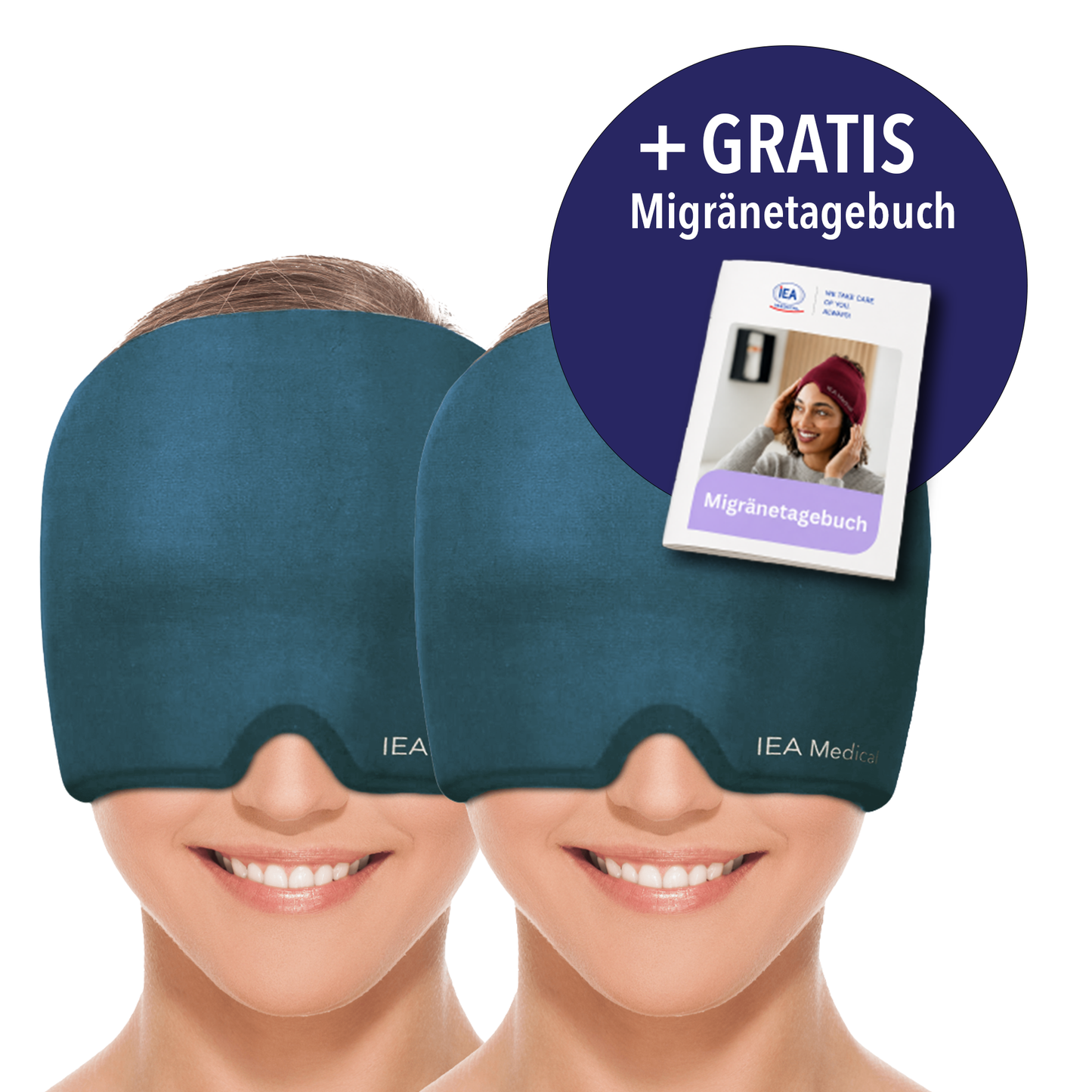 Lächelnde Frau trägt petrolblaue IEA-Medical-Kopfmaske, die Stirn und Augen vollständig bedeckt. Hinweis dass es die Migränemaske umsonst gibt.