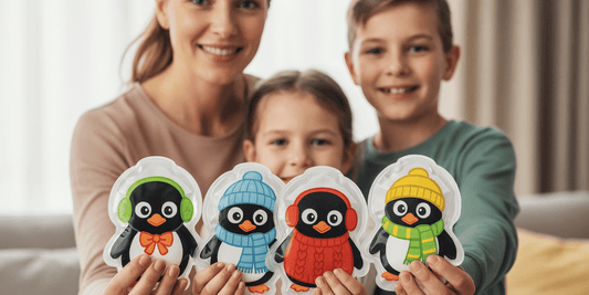 Familie hält vier Pinguin Kalt Warm Kompressen in die Kamera, Mutter und zwei Kinder lächeln im Hintergrund in heller Wohnatmosphäre.