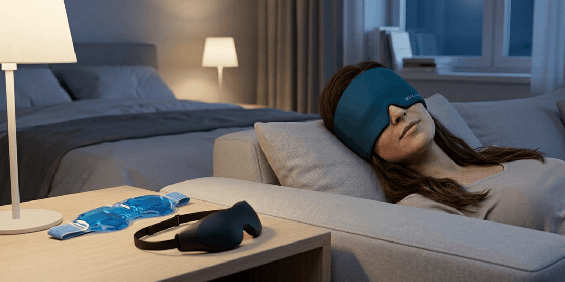 Frau ruht auf dem Sofa mit blauer Migränemaske, auf dem Tisch liegen eine Gelmaske und eine Schlafmaske.