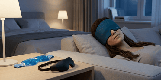 Frau ruht auf dem Sofa mit blauer Migränemaske, auf dem Tisch liegen eine Gelmaske und eine Schlafmaske.