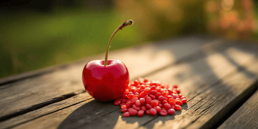 Nahaufnahme einer roten Kirsche auf einem rustikalen Holztisch neben einem Haufen roter Körner, stimmungsvoll beleuchtet bei warmem Sonnenlicht und unscharfem Naturhintergrund.