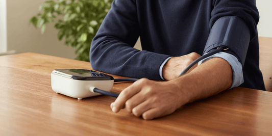 Mann sitzt am Tisch mit Blutdruckmessgerät am Arm