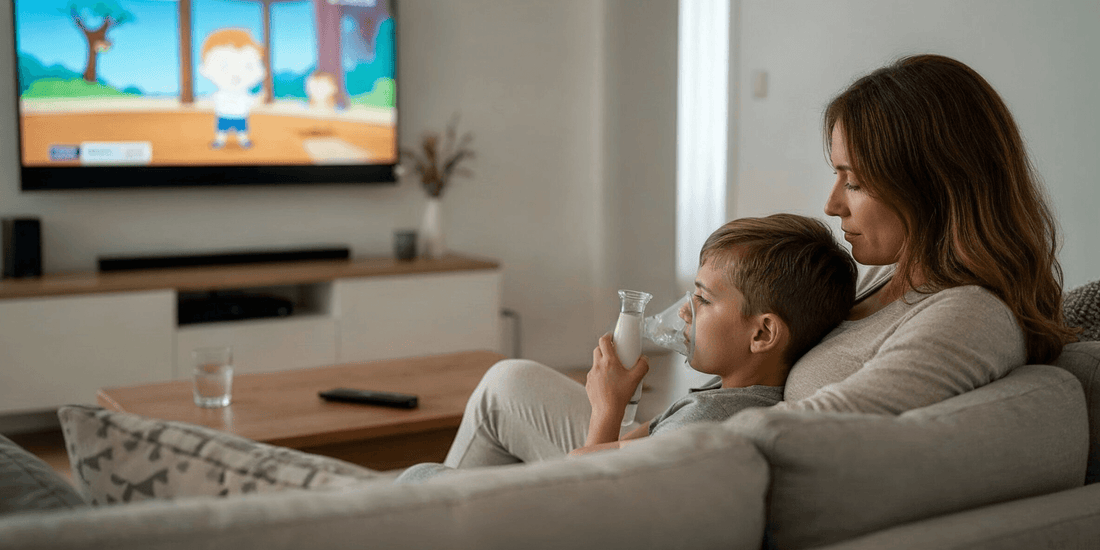 Junge inhaliert mit Handinhalator und Maske, angelehnt an seine Mutter auf dem Sofa vor dem Fernseher.