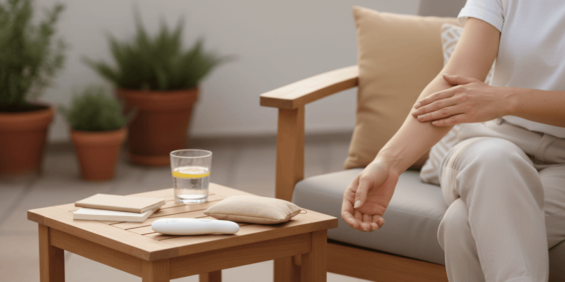 Person sitzt auf einem Sofa und berührt den Unterarm; auf dem Couchtisch liegen ein kleines Gerät, ein Stoffbeutel, Notizbuch und ein Glas Wasser mit Zitronenscheibe.