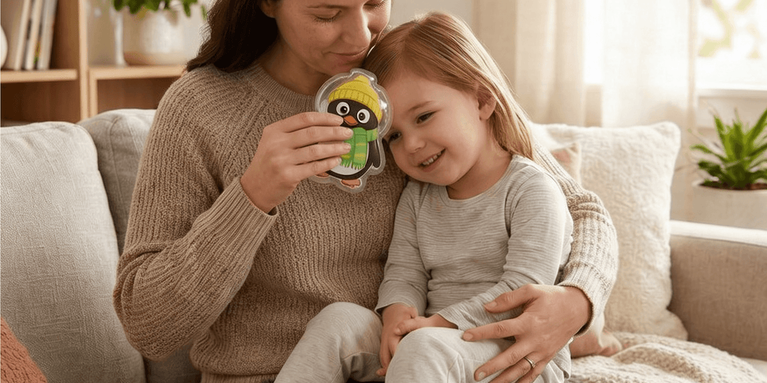 Frau hält eine Pinguin-Kalt-Warm-Kompresse mit Mütze und Schal an den Kopf eines lächelnden Kindes.