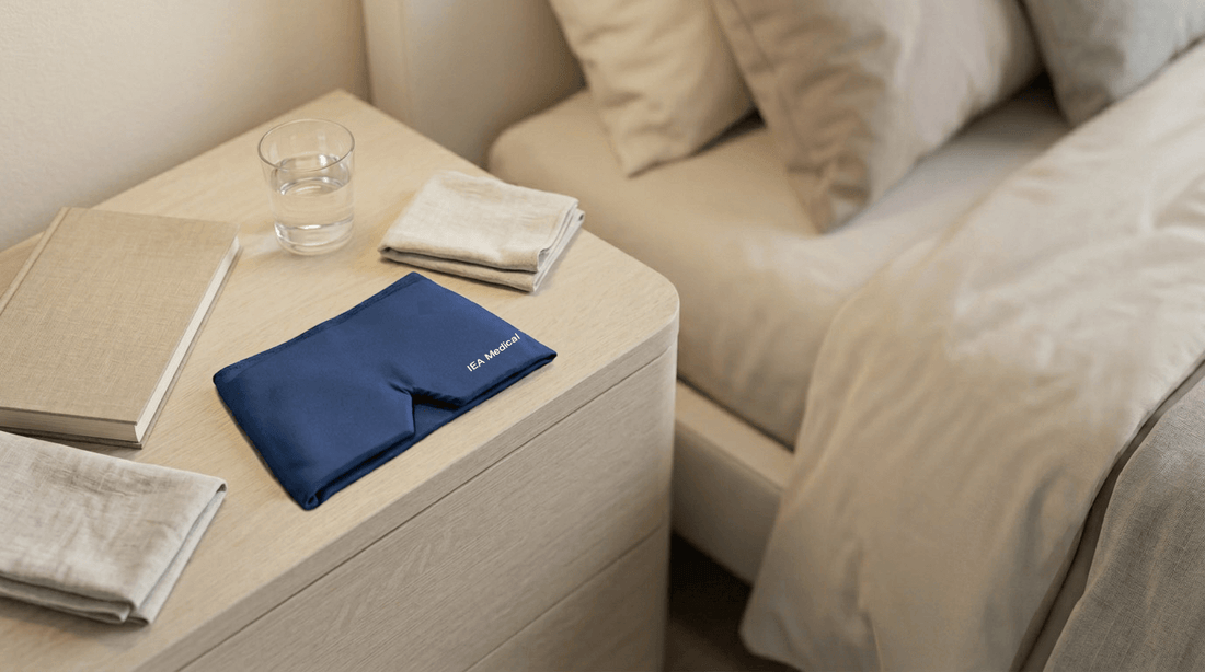 Blauer Stoff Augenmasken Bezug liegt auf einem hellen Nachttisch neben Buch, Wasserglas und gefalteten Tüchern in einem ruhigen Schlafzimmer.