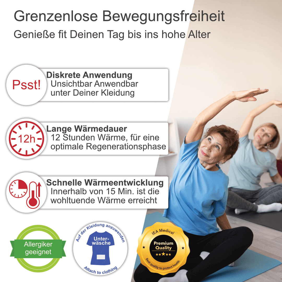 Infografik Wärmepflaster: zwei ältere Personen machen Dehnübungen; Icons und Text zu diskreter Anwendung unter Kleidung, Wärmedauer bis 12 h, Wärmeentwicklung in 15 min, „Allergiker geeignet“ – Aussage: beworbene Produktmerkmale.