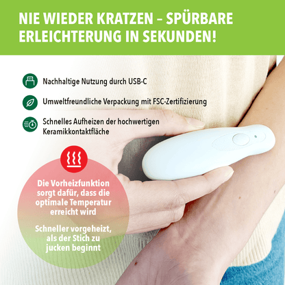 Hand setzt weißen Stichheiler am Arm an; Symbole zu USB-C, FSC-Verpackung und Keramikkontaktfläche.