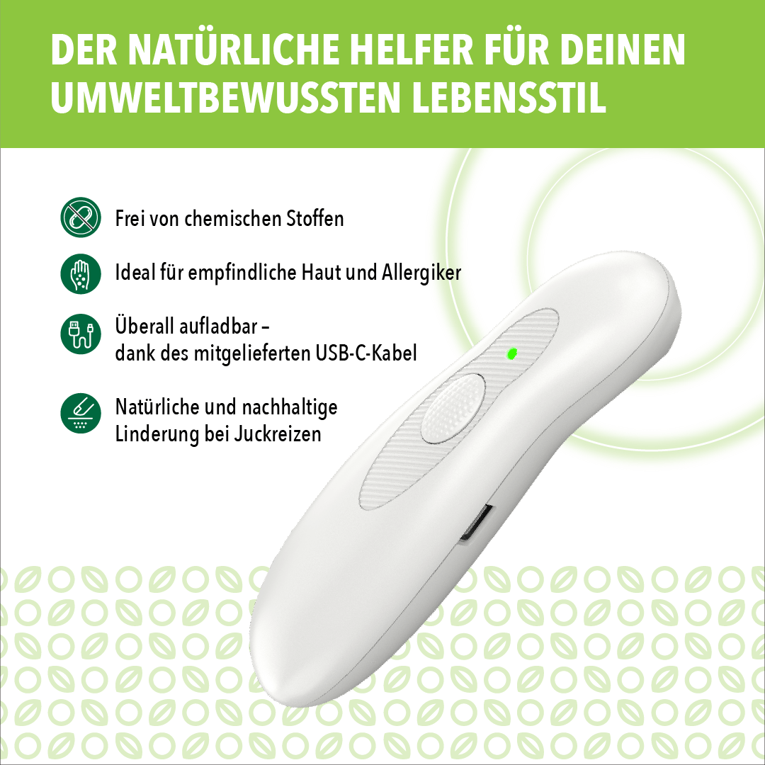 Weißer Stichheiler mit Symbolen zu chemiefreier Nutzung, empfindlicher Haut und USB-C-Aufladung.