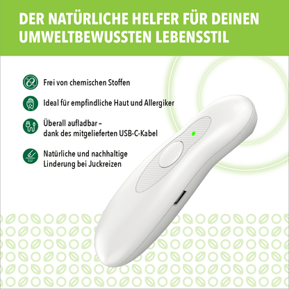 Weißer Stichheiler mit Symbolen zu chemiefreier Nutzung, empfindlicher Haut und USB-C-Aufladung.