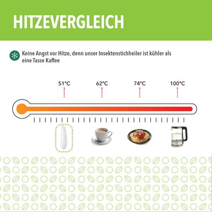 Hitzevergleich auf einer Thermometerskala: Stichheiler bei 51 °C, Kaffee 62 °C, Nudeln 74 °C, Kessel 100 °C.