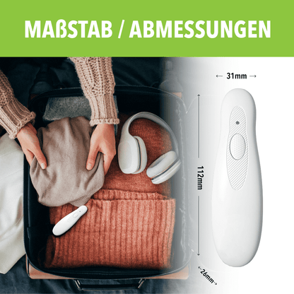 Stichheiler mit Maßangaben 31 mm, 112 mm und 26 mm; Foto zeigt das Gerät im gepackten Koffer mit Kleidung.