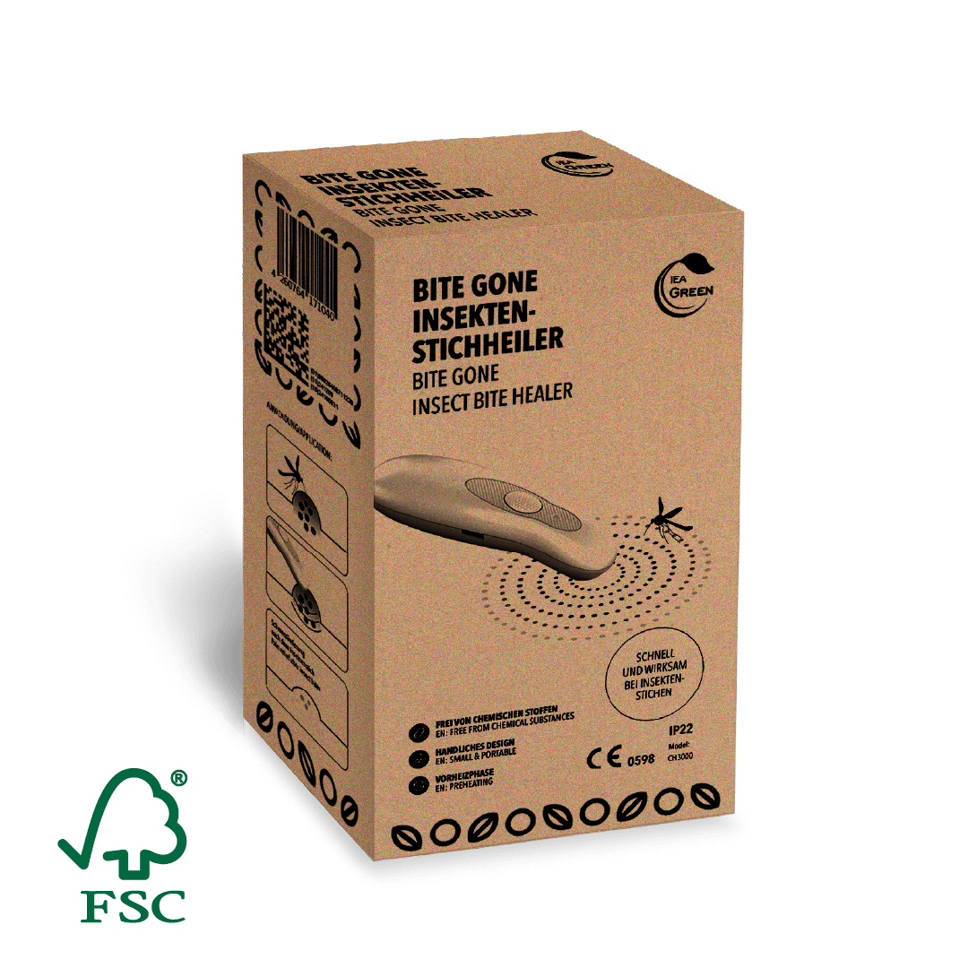 Braune Kartonverpackung „Bite Gone Insektenstichheiler“ mit IEA-Green-Logo, CE-, IP22- und FSC-Kennzeichnung.