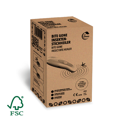 Braune Kartonverpackung „Bite Gone Insektenstichheiler“ mit IEA-Green-Logo, CE-, IP22- und FSC-Kennzeichnung.