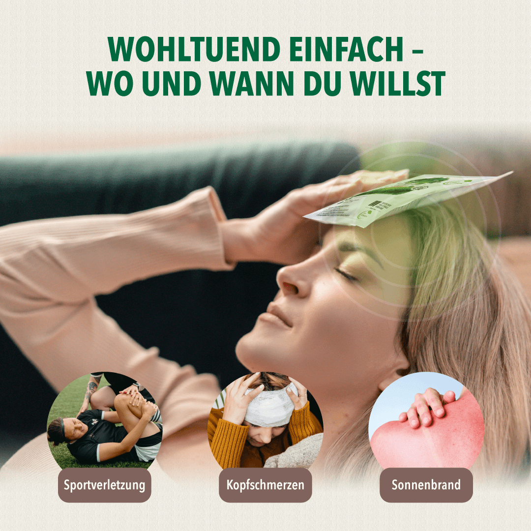 Anwendungsszene: Person liegt entspannt und hält eine IEA Green Sofort-Kältekompresse an die Stirn; Text im Bild: „Wohltuend einfach – wo und wann du willst“ mit Icons für Sportverletzung, Kopfschmerzen, Sonnenbrand – Aussage: Einsatzbeispiele und Alltagssituation.