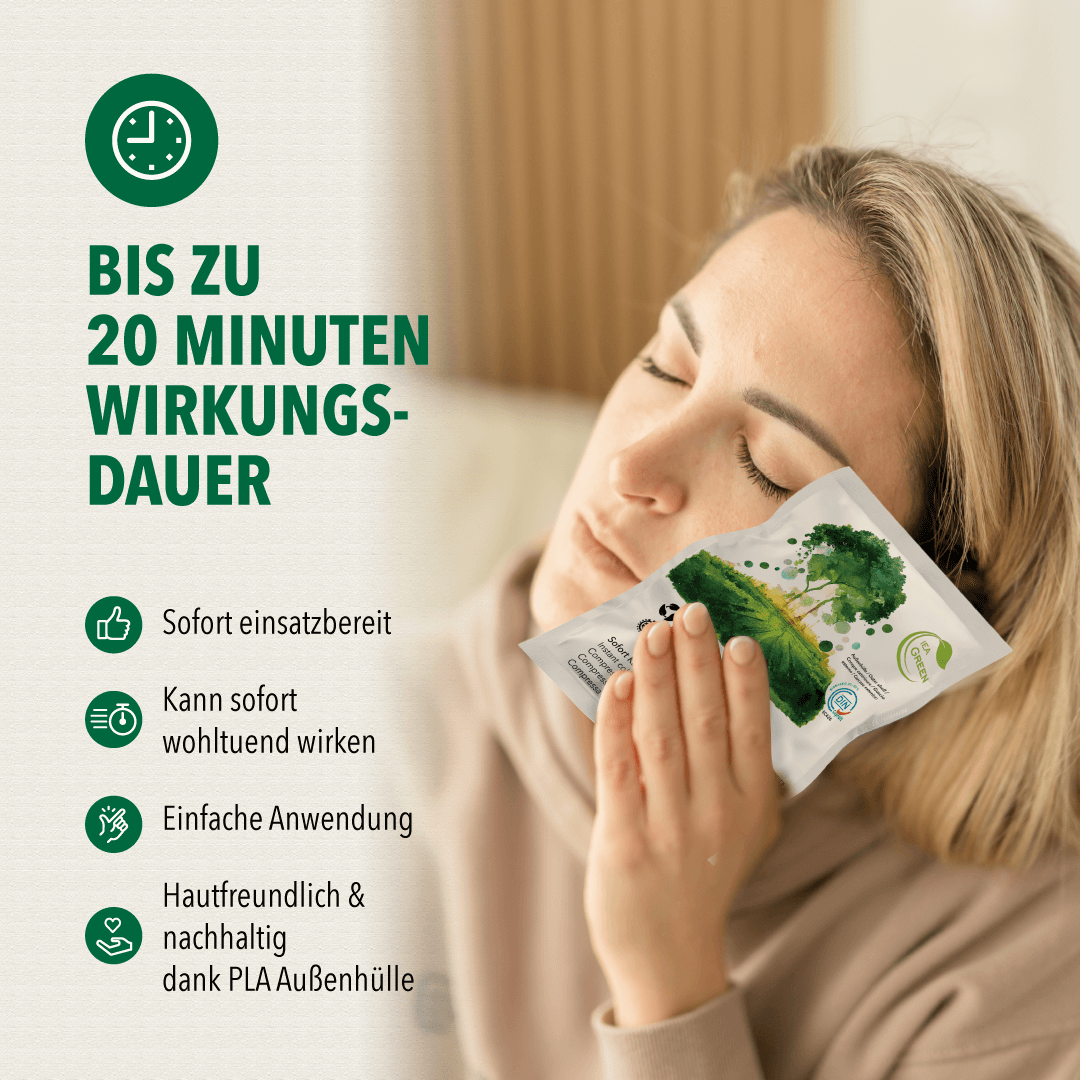 Anwendungsszene: Person hält Sofort-Kältekompresse an die Wange; Text im Bild: „Bis zu 20 Minuten Wirkungsdauer“ sowie Bulletpoints (z. B. sofort einsatzbereit, einfache Anwendung, hautfreundlich & nachhaltig dank PLA-Außenhülle) – Aussage: beworbene Eigenschaften/Anwendung.