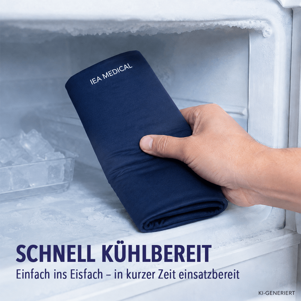 Hand legt gefaltete IEA Medical Kühlmanschette ins Gefrierfach zum Vorkühlen