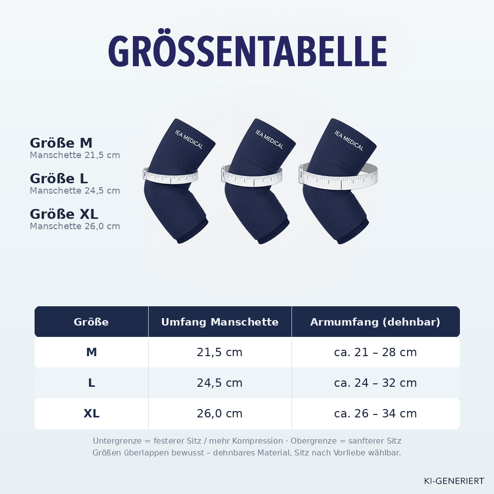 Größentabelle Kühlmanschette IEA Medical in M, L und XL mit Armumfang-Angaben