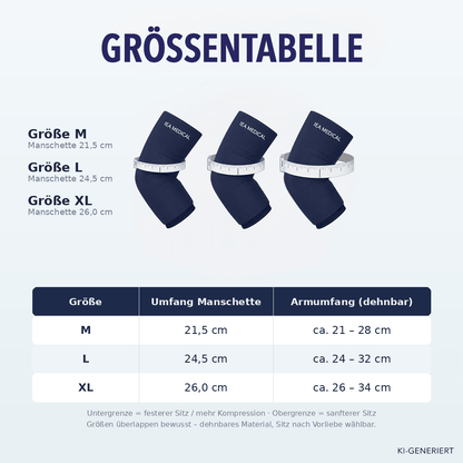 Größentabelle Kühlmanschette IEA Medical in M, L und XL mit Armumfang-Angaben