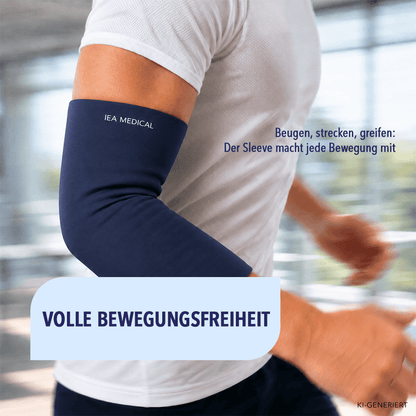 Kühlmanschette Sleeve von IEA Medical am gebeugten Arm, macht jede Bewegung flexibel mit