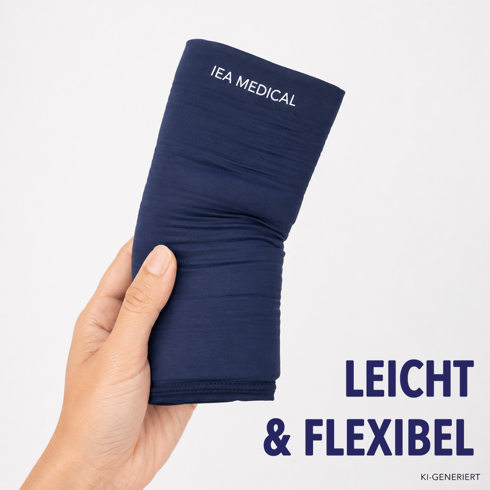 Hand hält leichte, flexible Kühlmanschette von IEA Medical in Dunkelblau