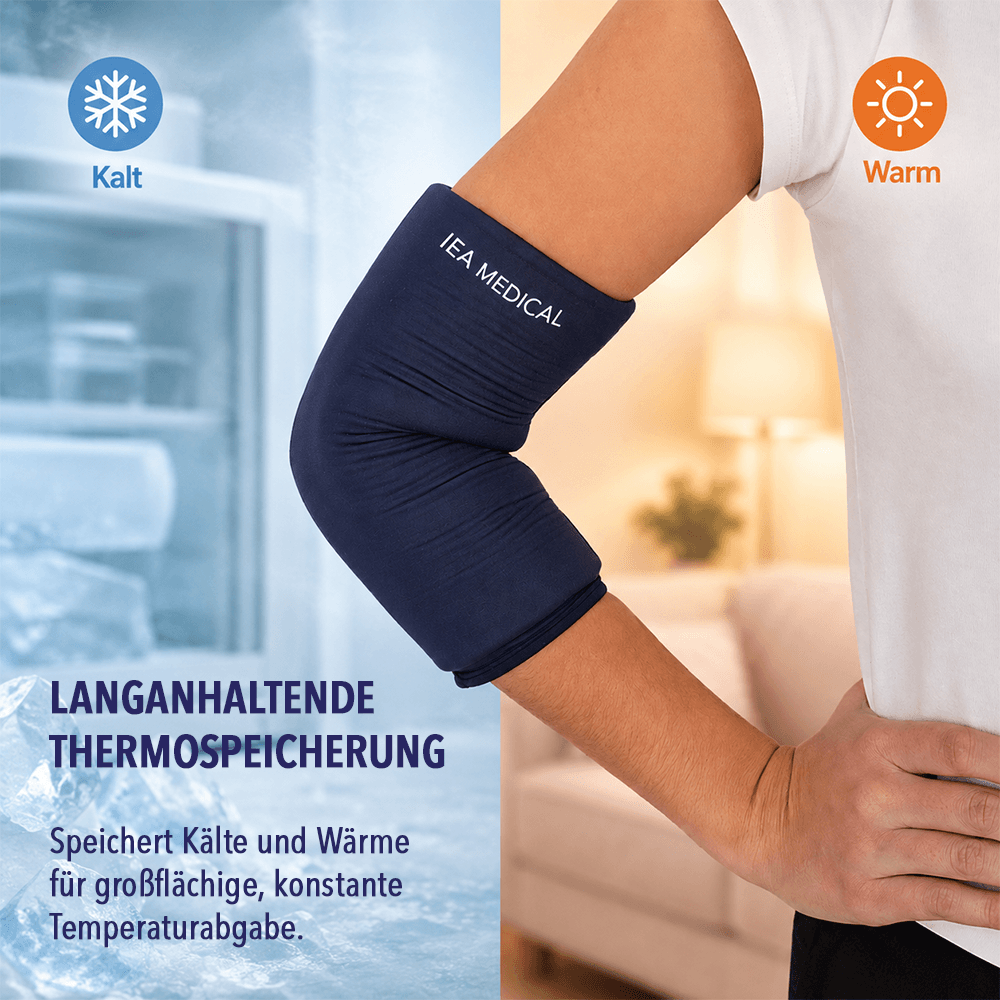 Kalt-Warm-Manschette von IEA Medical am Ellenbogen, speichert Kälte und Wärme langanhaltend