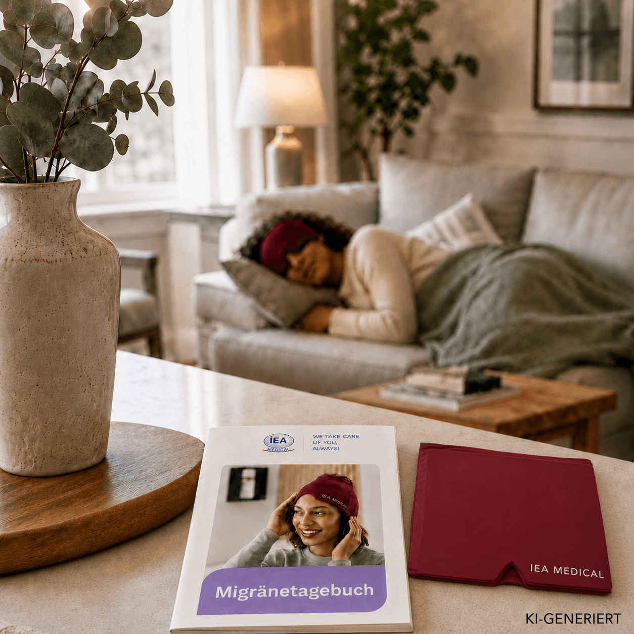 Das Migränetagebuch von IEA Medical liegt im Vordergrund, während sich im Hintergrund eine Frau auf einer Couch ausruht