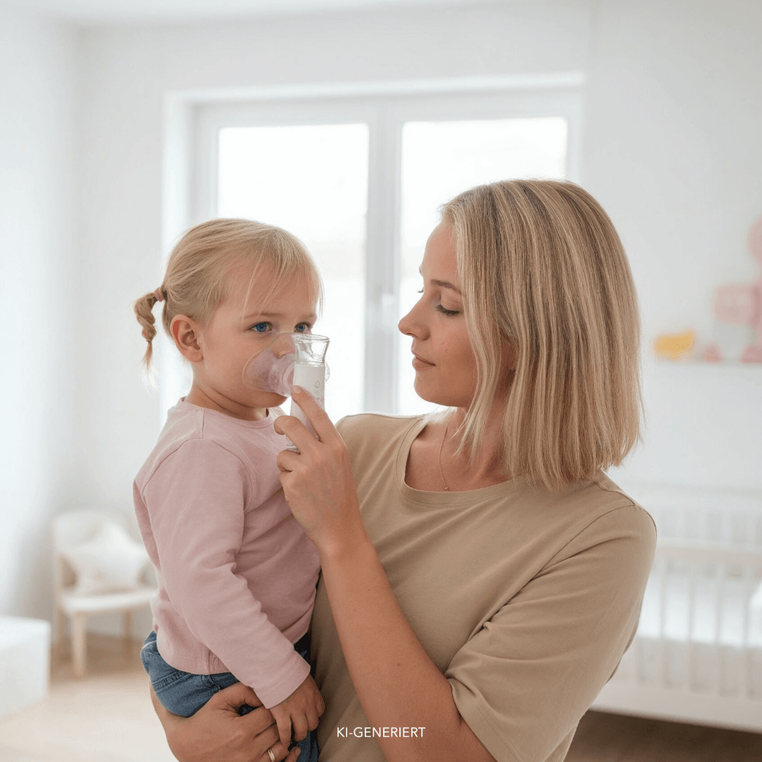 Mutter mit Kleinkind auf dem Arm hält ihm eine Inhalationsmaske ans Gesicht, im hellen Kinderzimmer mit Gitterbett.