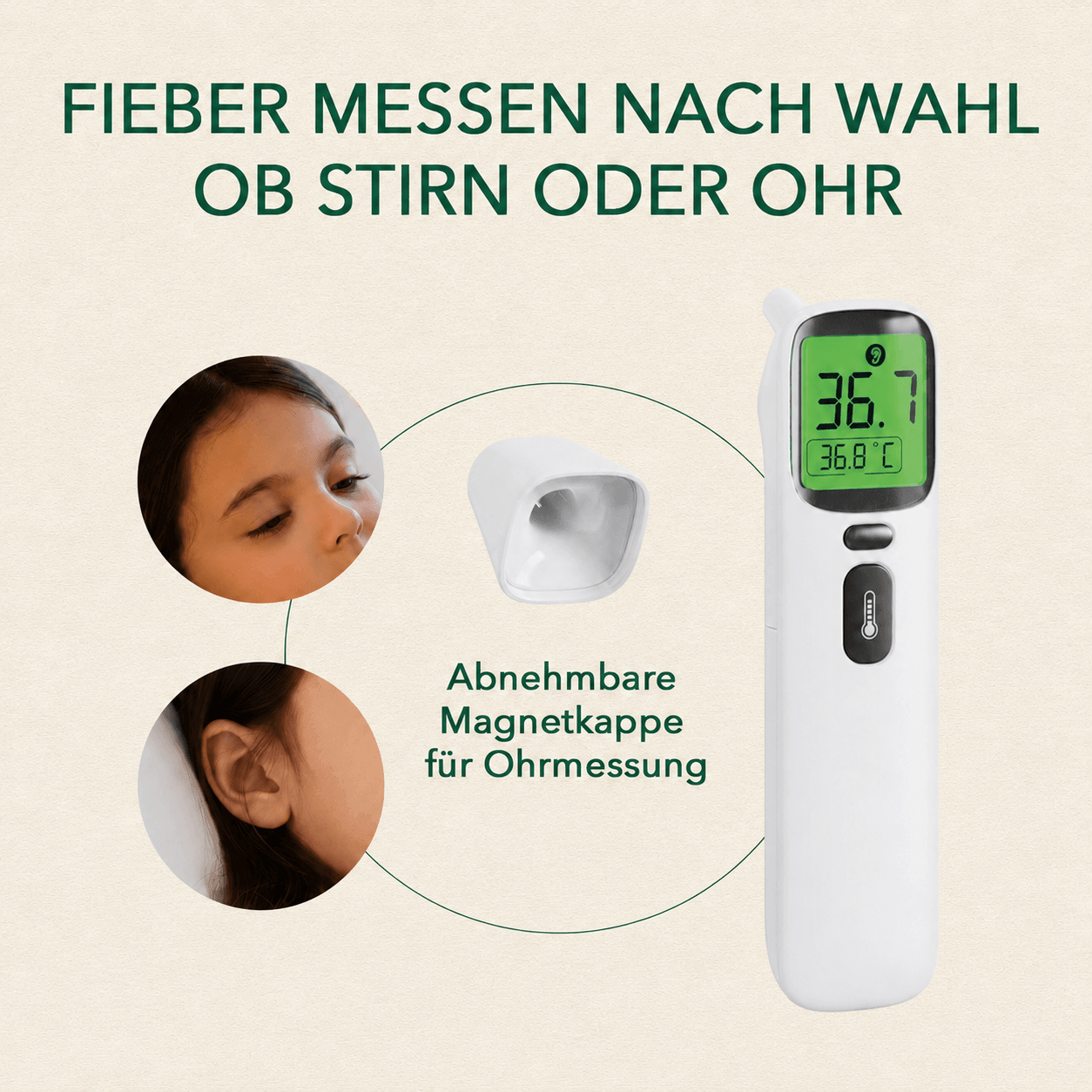 Fieberthermometer mit abnehmbarer Magnetkappe; Fotos von Stirn und Ohr für die Messung nach Wahl.