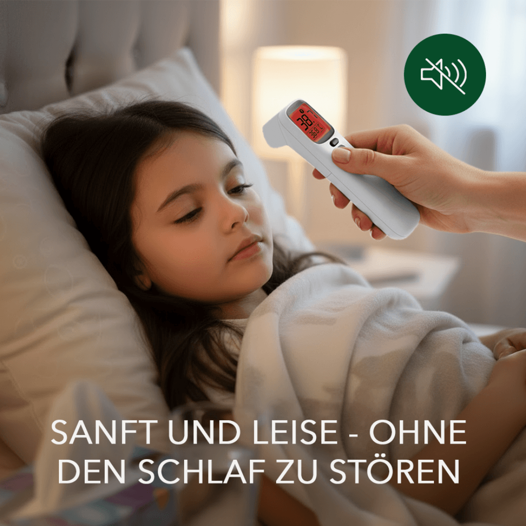 Mädchen schläft im Bett, Hand misst die Temperatur mit dem Thermometer; Stummsymbol für leise Messung.