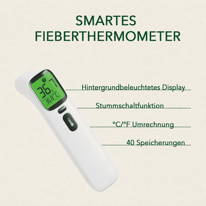 Fieberthermometer mit Funktionsliste: beleuchtetes Display, Stummschaltung, Grad-Umschaltung, 40 Speicher.