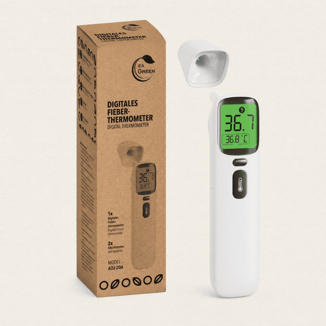 Weißes IEA Green Fieberthermometer mit grünem Display und Ohrkappe neben brauner Verpackung, Modell AOJ-20A.