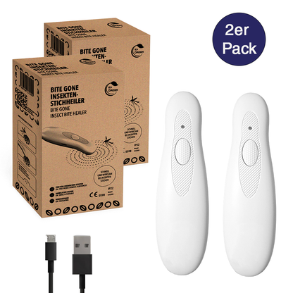 Zweier-Pack IEA-Green Bite-Gone-Insektenstichheiler mit zwei weißen Geräten, Kartons und USB-Kabel.