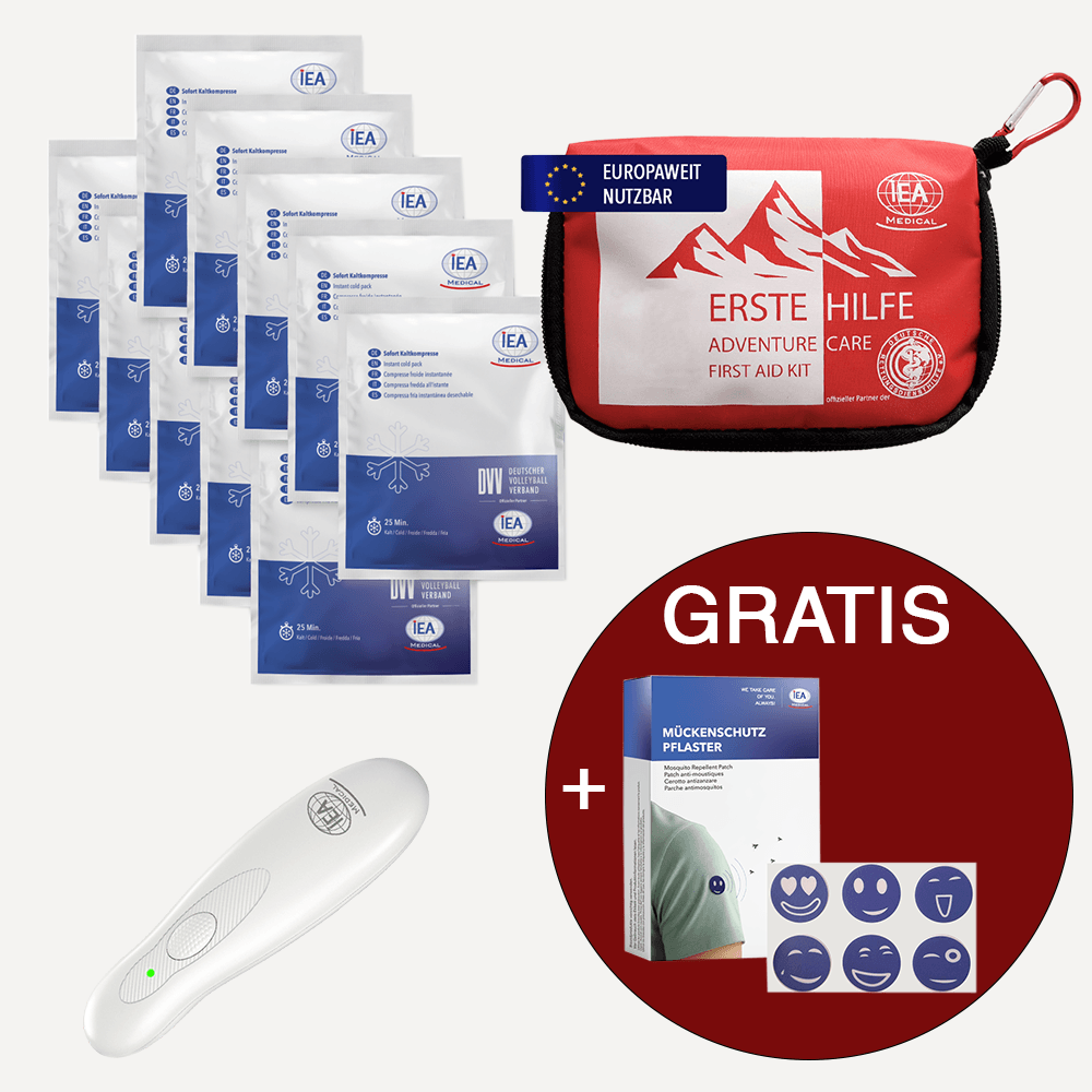 Abenteuer-Set mit roter Erste-Hilfe-Tasche, Sofort-Kaltkompressen, Insektenstichheiler und gratis Mückenpflastern.
