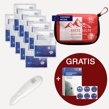 Abenteuer-Set mit roter Erste-Hilfe-Tasche, Sofort-Kaltkompressen, Insektenstichheiler und gratis Mückenpflastern.
