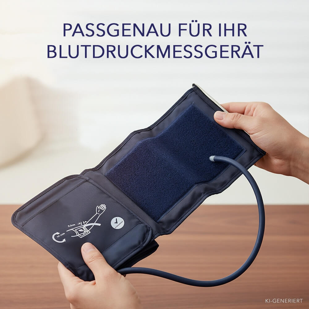 Zwei Hände halten eine geöffnete dunkelblaue Blutdruckmanschette mit Anschlussschlauch über einem Holztisch.