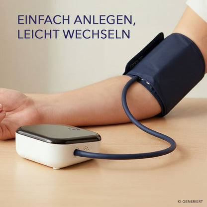 Dunkelblaue Manschette am Oberarm, per Schlauch mit einem weiß-schwarzen Blutdruckmessgerät auf dem Tisch verbunden.