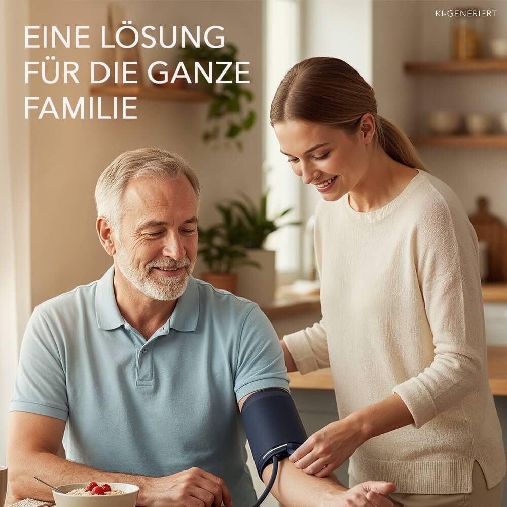 Jüngere Frau legt einem älteren Mann in einer Küche eine dunkelblaue Blutdruckmanschette am Oberarm an.