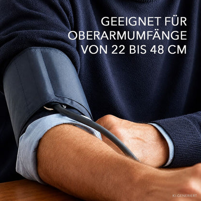 Dunkelblaue Blutdruckmanschette am Oberarm, Textangabe zu Oberarmumfängen von 22 bis 48 Zentimetern.
