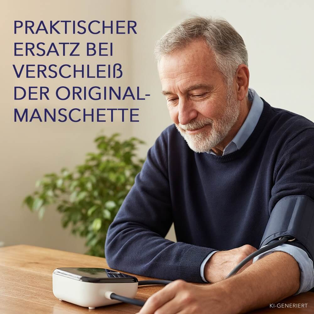 Älterer Mann mit dunkelblauer Manschette am Oberarm nutzt an einem Holztisch ein weißes Blutdruckmessgerät.