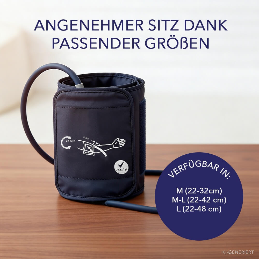 Dunkelblaue Blutdruckmanschette auf einem Holztisch, Angabe der Größen M, M-L und L sowie latexfrei.