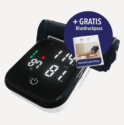 Blutdruckmessgerät Oberarm mit LED-Display in Schwarz von IEA Medical, gratis Blutdruckpass