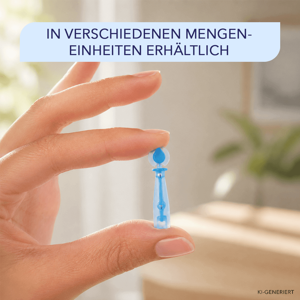 Finger halten eine kleine blaue Lanzette mit Schutzkappe, Hinweis auf verschiedene Mengeneinheiten.