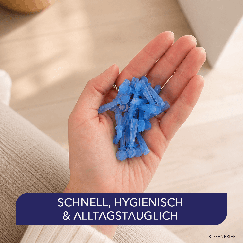 Geöffnete Handfläche hält ein Häufchen blauer Blutzucker-Lanzetten mit Schutzkappen vor hellem Boden.