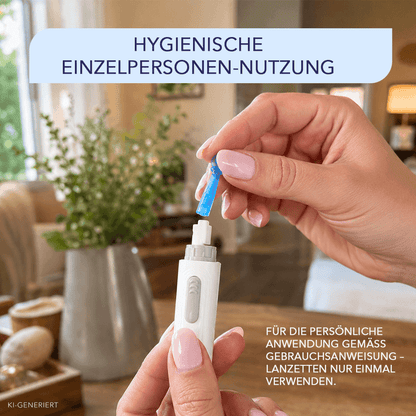 Hände setzen eine blaue Lanzette in eine weiße Stechhilfe ein, Hinweis Lanzetten nur einmal zu verwenden.