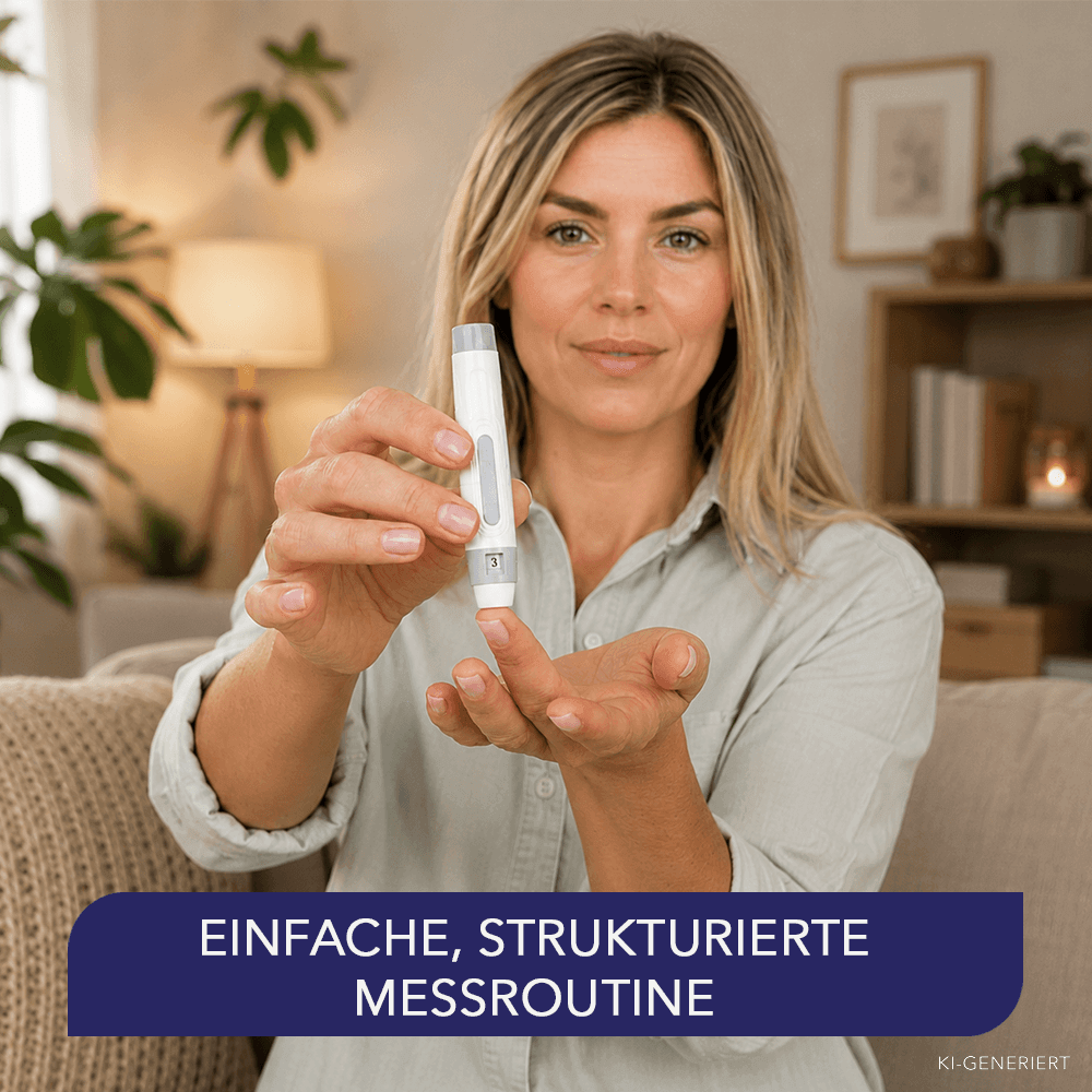 Frau sitzt im Wohnzimmer und hält eine weiße Stechhilfe an ihre Fingerkuppe zur Blutentnahme.